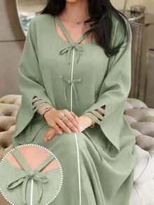 Yasmyna Women's Contrast Color Trim Bow Decor Elegant Long Sleeve Turkish Maxi Dress - Green - View 2