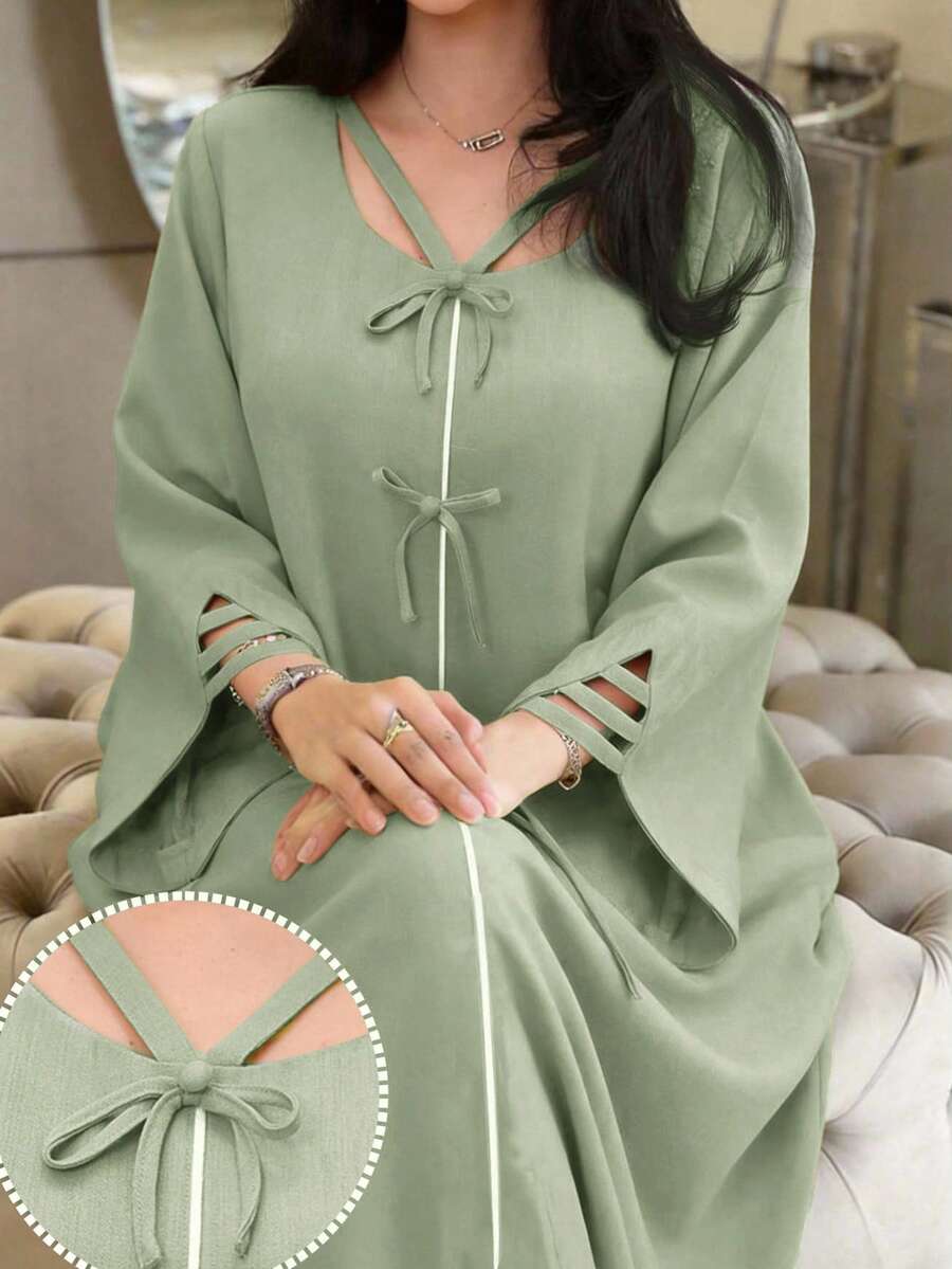 Yasmyna Women's Contrast Color Trim Bow Decor Elegant Long Sleeve Turkish Maxi Dress