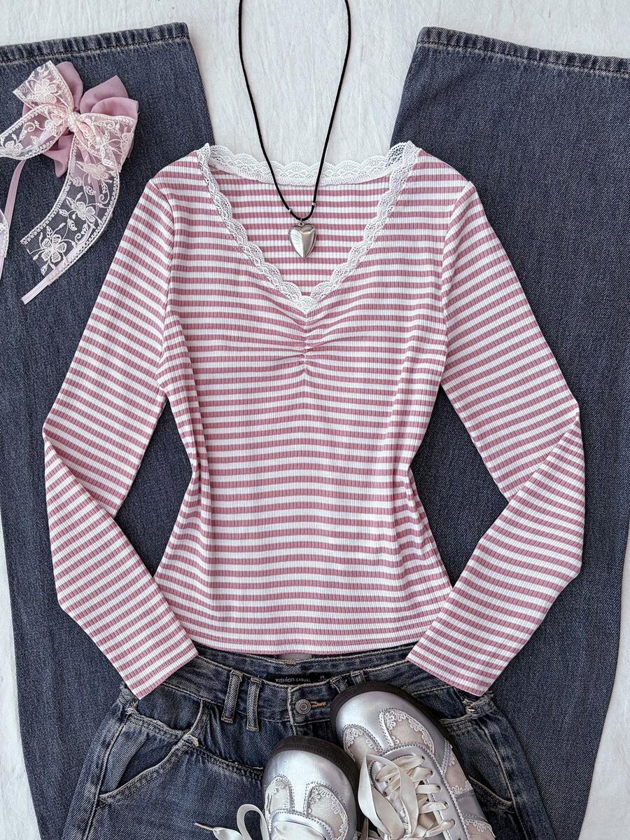 Tween Girl Tween Girls Striped Ruched Chest Long Sleeve Lace Trim - Pink - View 1