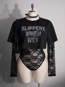 SHEIN ICON Body 2 en 1 de mujer talla grande estilo Y2K sexy con encaje, estampado de eslogan y diseño punk streetwear - Negro - Ver 4