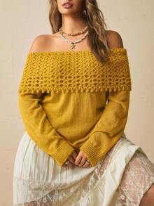 Freevana Plus Size Women's Off-Shoulder Long Sleeve Solid Color Fashion Sweater Fall - Yellow - View 4