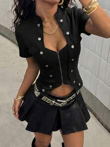 StreetHx Women's Fashion Sexy Front Zipper Denim Top - Black - View 5