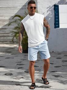 Manfinity Homme Camiseta casual de manga corta y cuello redondo de unicolor para hombre, uso diario, vacaciones - Blanco - Ver 3