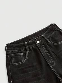 ROMWE Grunge Punk 龐克街頭東京街頭風文化背翼刺繡水鑽女款寬鬆牛仔中長褲 - 黑色 - 查看 3