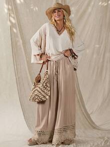Wildy Boho Sexy Western Country Lace Patchwork Women's Spring/Summer Daily Basic Loose Wide Leg Long Pants With Pockets Beach Beige Light Blue - Khaki - View 7