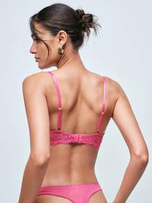 Softvol 1 Set Women's Solid Color Lace Comfortable Lingerie Set - Hot Pink - View 2