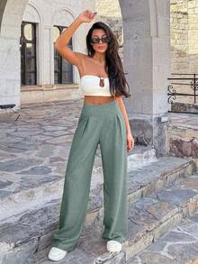 EURMUSE Casual Versatile Solid Color Wide Leg Pants - Mint Green - View 5