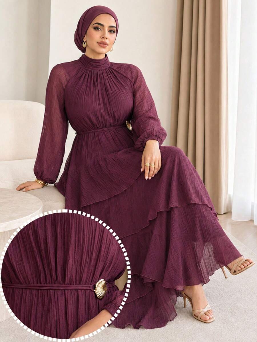 Solavon Plus Size Women's Elegant Dress With Stand Collar, Raglan Lantern Sleeves And Ruffle Hem Fall - Burgundy - View 1