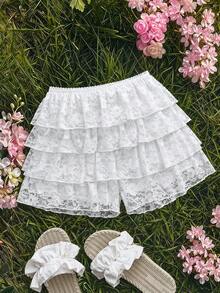 SHEIN Tween女孩休閒優雅時尚蕾絲拼接層次荷葉邊裙褲，白色 - 白色 - 查看 3