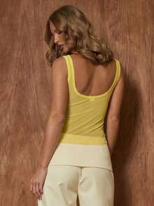 MUSERA Mesh Scoop Neck Long Sleeve Twist Front Layer Top - Pale Yellow - View 2