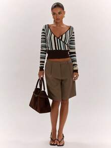 SHEIN BAE Autumn/Winter Fashion New Colorblock Versatile Casual Unisex Vacation Slouchy Cinched Waist Wrap V-Neck Striped Knit Top - Multicolor - View 3