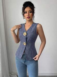 SHEIN Raffinéa 女款V領修身背心上衣，金色玫瑰鈕扣裝飾 - 紫色 - 查看 5