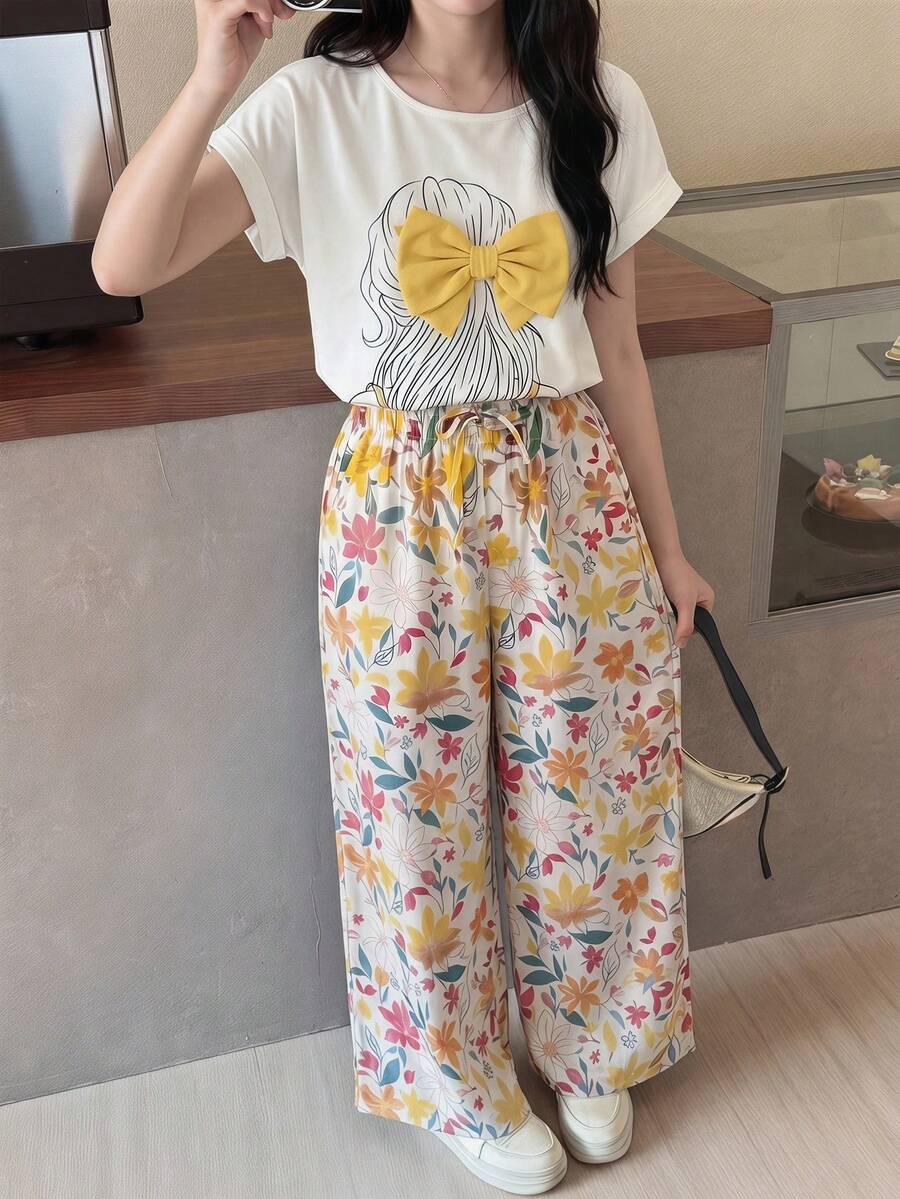 SHEIN 少女碎花蝴蝶结装饰吊带背心和休闲裤套装,夏季假期 - 黃色 - 查看 1