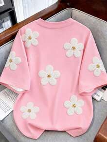 Resyla Camiseta de mujer con cuello redondo, estampado digital y diseño de flor de perla con remache - Multicolor - Ver 2