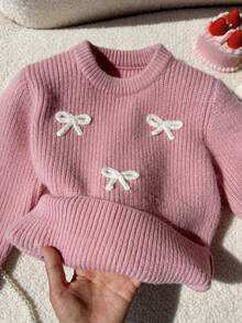 SHEIN 女童圓領粉色毛衣，3D刺繡白色蝴蝶結，柔軟針織套頭上衣，可愛甜美簡約長袖，適合秋冬居家、外出、派對、拍照、戶外玩耍 - 粉色 - 查看 6