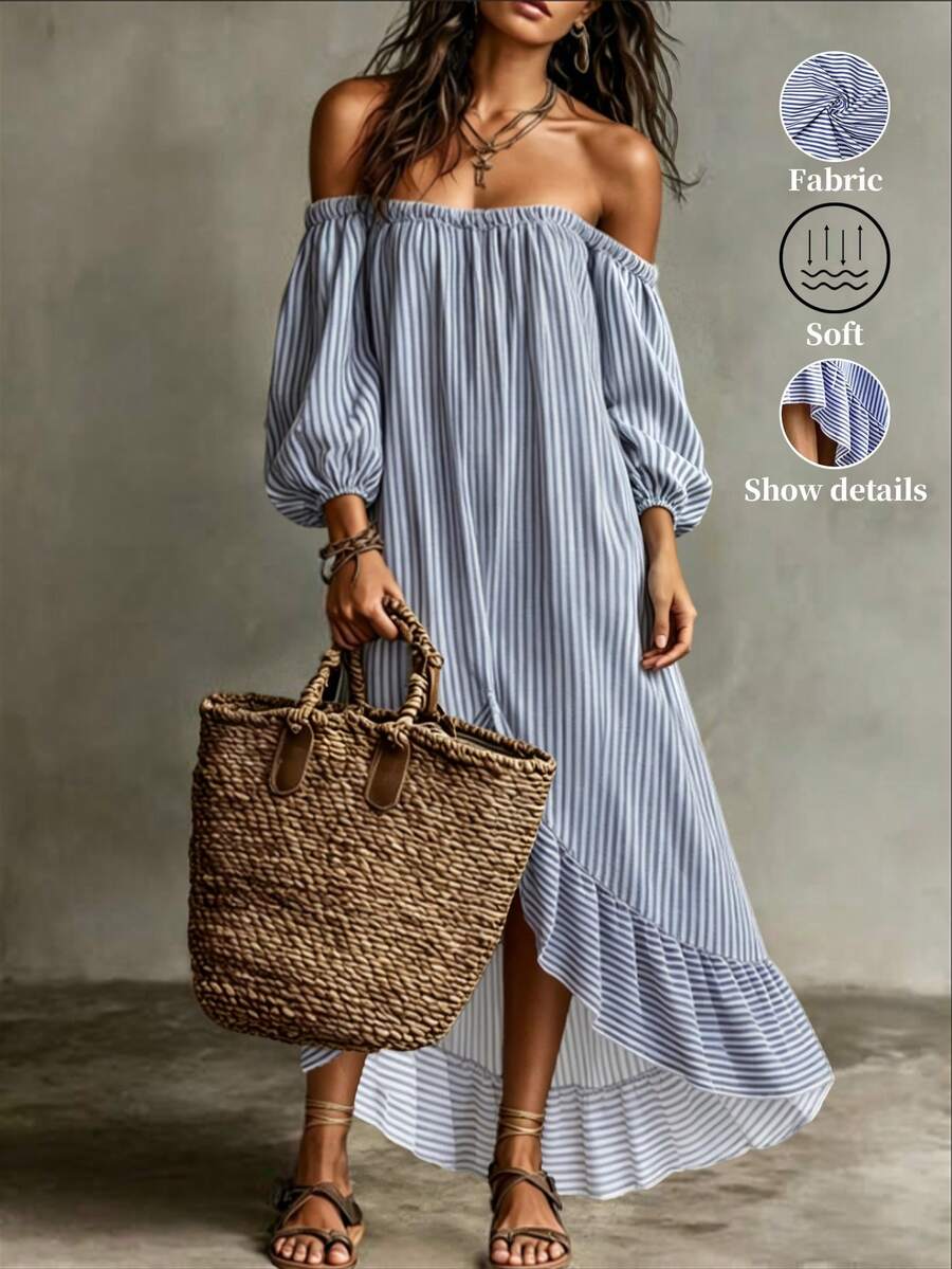 Hotletica Women's Off-Shoulder Blue And White Stripe 3/4 Sleeve Square Neck Lantern Sleeve Ruffle Hem Midi Dress, Casual Coastal Romantic Elegant, Summer, Sexy - Multicolor - View 1