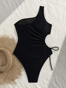 Bonvoyette Springbreak 女款海灘裝 夏季女裝新款 單肩定位印花抽繩打結鏤空休閒度假連身泳衣 節慶波希米亞風 - 黑色 - 查看 2