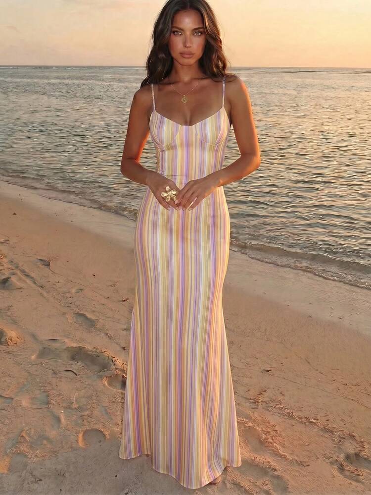 Aloruh Summer Colorful Striped Vacation Spaghetti Strap Tie-Up Fitted Sexy Printed Women's Dress, Early Autumn Spaghetti Strap Striped Dress - Multicolor - View 1