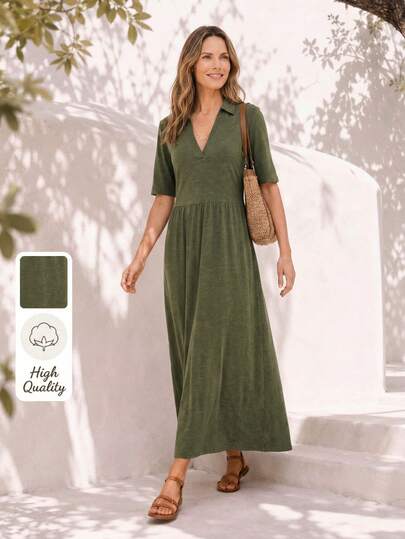 Dayvera Women's Summer Olive Green V-Neck Polo Collar Casual Vacation A-Line Midi Dress With Pockets, Green Dress
