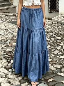 Jade & Ember Women's Drawstring Waist Ruched Casual Boho Versatile Everyday Skirt Picnic Vacation Denim Blue Fall - Blue - View 3