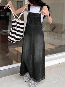 Teen Girls Blue Denim Loose Overall Dress - Black - View 1
