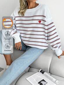 EURMUSE Striped & Heart Pattern Drop Shoulder Sweater - Brown - View 1