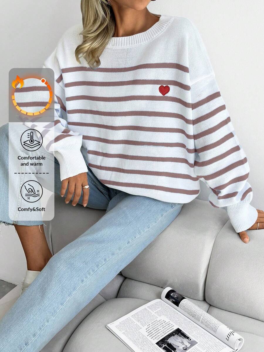 EURMUSE Striped & Heart Pattern Drop Shoulder Sweater - Brown - View 1