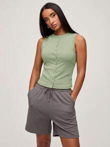 SHEIN BASICS 休閒素色針織圓領無袖修身開襟女款背心 - 綠色 - 查看 5
