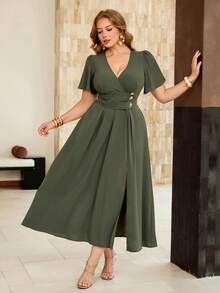Roveilla Women's Plus Size Spring/Summer Olive Green Soft Fabric Shirred Waist Pleated Star Metal Buckle Elastic A-Line Slimming Skirt Split Hem Dress - Army Green - View 7