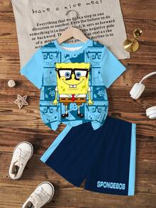SpongeBob SquarePants | SHEIN 小男孩卡通印花T恤短褲套裝 - 白色 - 查看 1