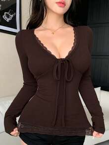 Joudiya Autumn Brown Lace Trim Patchwork Slim Fit Base Layer T-Shirt Elegant Women's Long Sleeve - Brown - View 2
