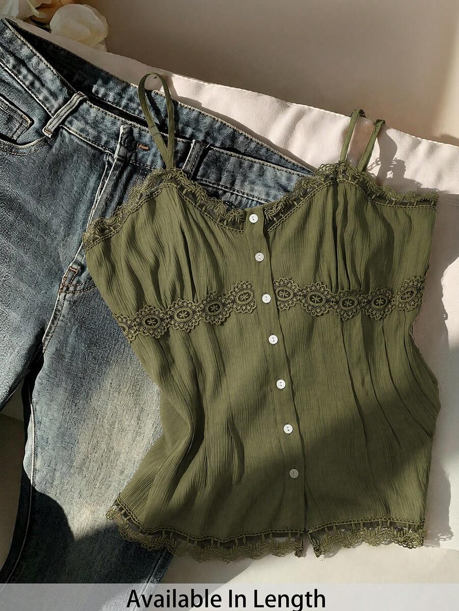 SHEIN Tall CURVE 大尺碼綠色休閒甜美細肩帶背心上衣 - 軍綠色 - 查看 1