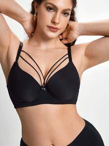 Slumbrini Plus Size Solid Harness Underwire Casual-Comfy Balconette Bra, Lift - Black - View 8