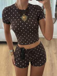SHEIN EZwear 女款圓領短袖波點上衣與短褲休閒日常套裝 - 咖啡棕 - 查看 5