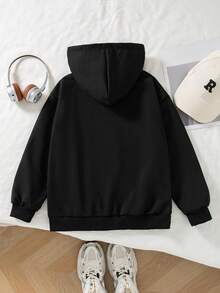 SHEIN 青少年女孩休閒街頭風波點毛絨帽，星星與波點印花，適合街頭穿搭，女孩衛衣搭配 - 黑色 - 查看 2