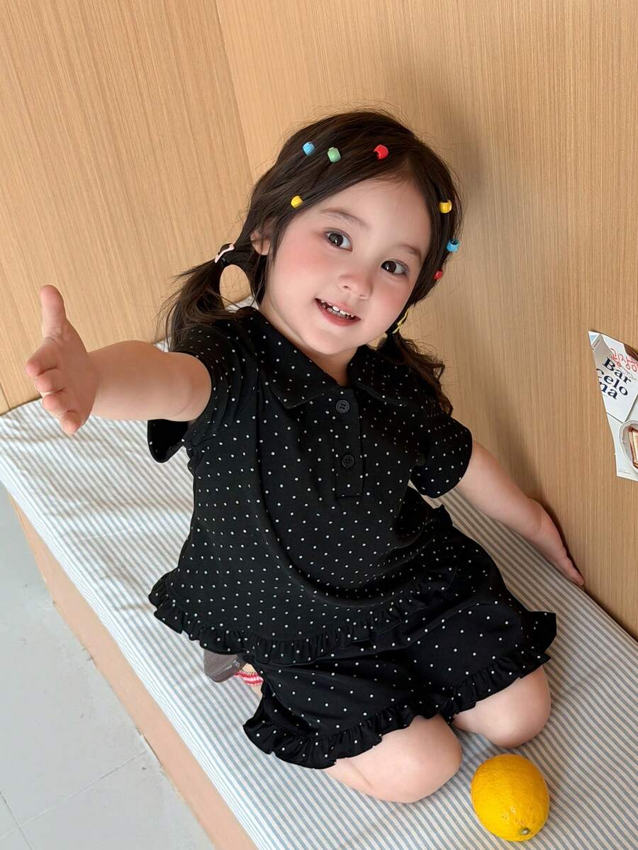 DAZY 女嬰波點短袖韓式休閒上衣 夏季幼兒 - 黑色 - 查看 1