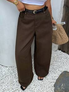 Dazy Plus Summer New Loose Casual Straight Leg Denim Jeans Brown Versatile Plus Size Women All Season Spring Autumn - Brown - View 2