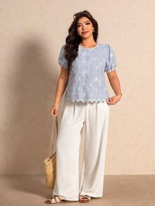 Elaquor Plus Size Women's Floral Embroidered Single-Breasted Short Petal Sleeve Blouse Casual Summer Daily Going Out Blouse Casual Office Business Work Blouse - Blue - View 6