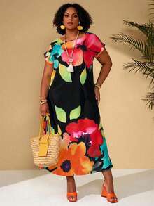 BrightlyHer Damen Große Größen Blume Muster Lässig Urlaubs Sommerkleid - Schwarz - Übersicht 5