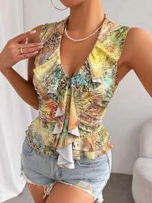 Femesol Top de tirantes con cuello en V, volantes y estampado de leopardo & cebra patchwork para mujer - Multicolor - Ver 1
