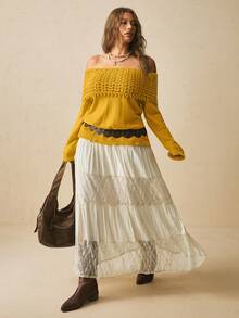 Freevana Plus Size Women's Off-Shoulder Long Sleeve Solid Color Fashion Sweater Fall - Yellow - View 10