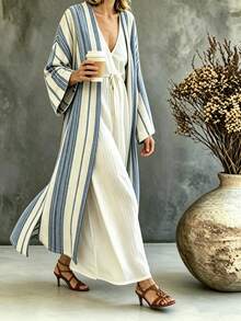 SHEIN Holidaya Women's Blue White Allover White Long Cardigan, Linen Printed Loose Long Sleeve Rolled Hem Casual Formal Autumn - Blue - View 2
