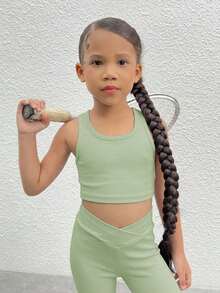 SHEIN Top corto de punto de unicolor para niña, ropa deportiva - verde menta - Ver 2