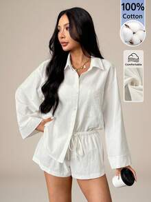 SHEIN PETITE 女款夏季新款休閒度假白色編織襯衫短褲套裝，舒適兩件套，適合嬌小女性 - 白色 - 查看 9