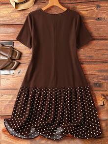 EMERY ROSE Plus Size Women's Patchwork Polka Dot Pattern Ruffle Hem Short Sleeve Dress - Coffee Brown - View 2