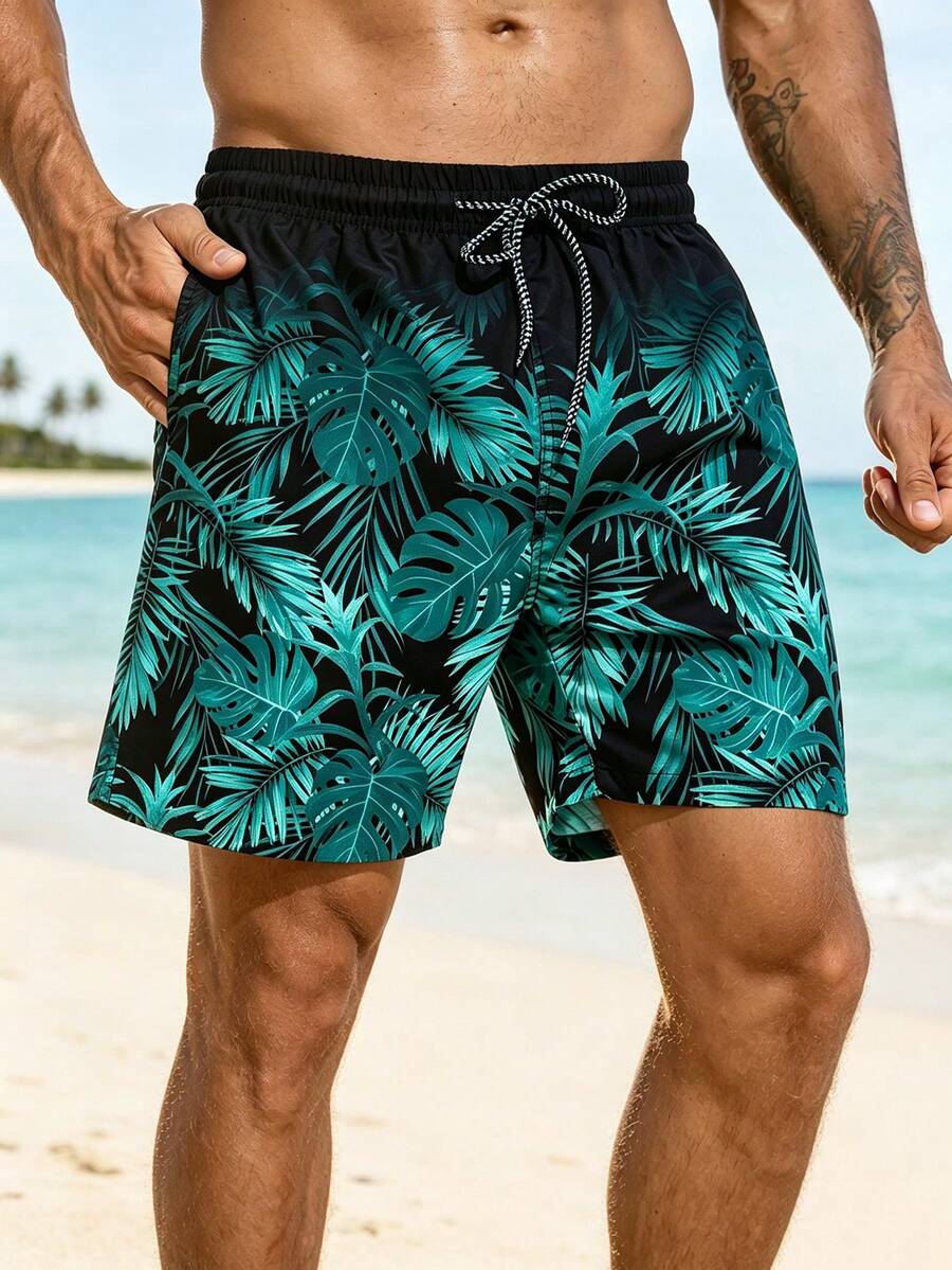 Manfinity KASUA Men's Tropical Plant Print Drawstring Waist Beach Shorts - Green - View 1