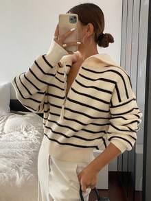 Dazy Tall Women's Loose Striped Casual Pullover Sweater Fall - Black and White - View 3