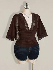 SHEIN ICON Women's Plus Size Retro Sexy Millennial Style Y2K Simple Casual Elegant Commuter Urban Modern Lace P - Brown - View 6