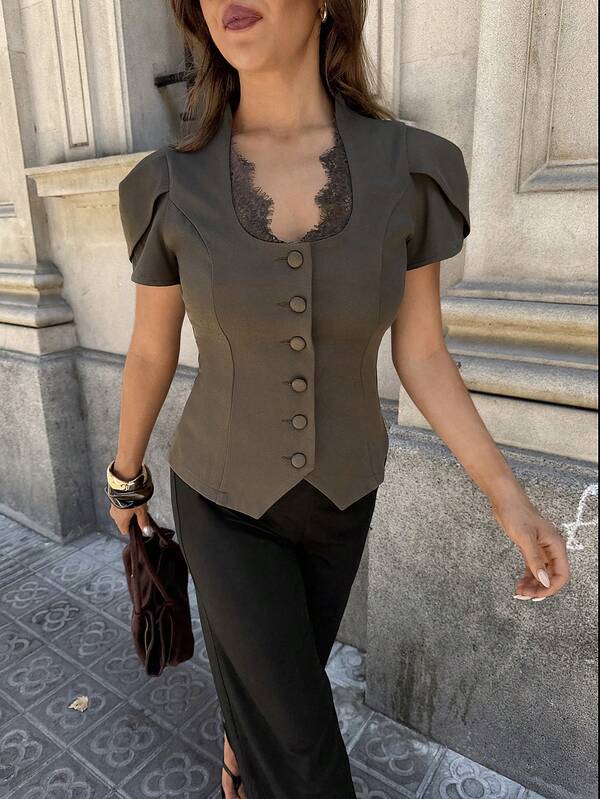 Aloruh Blazer elegante para mujer con cuello en U, patchwork de encaje, ajuste ceñido a la cintura y manga corta