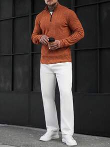 Manfinity CasualCool 男士拉鍊設計長袖休閒羅紋T恤 - 亮橙色 - 查看 5